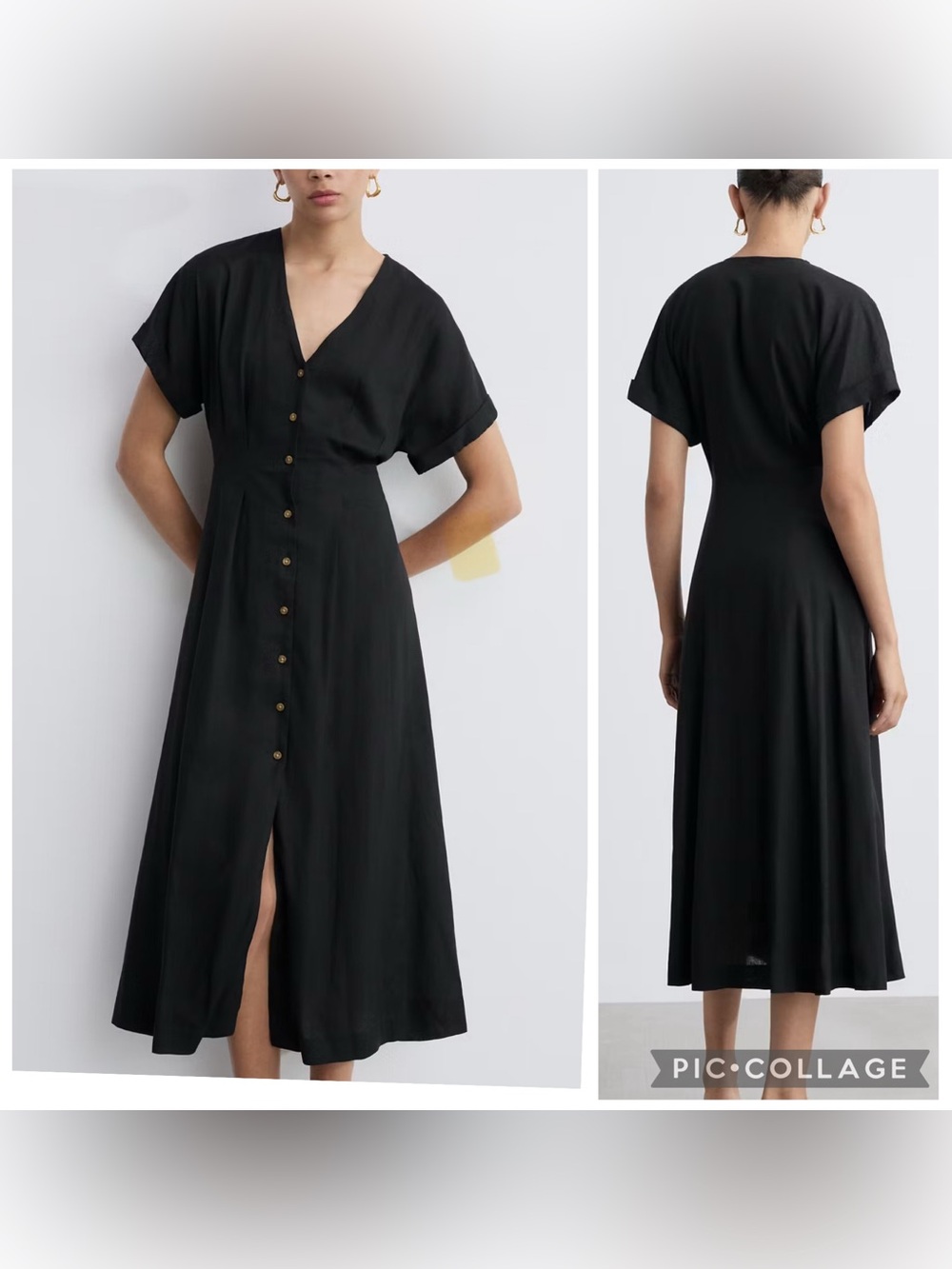 NWT Mango Black Button-Front V-Neck A-Line Linen Blend Midi Dress